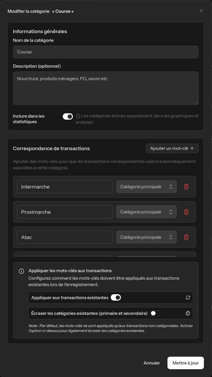Capture d'ecran de l'edition de categorie avec automatisation dans Elix